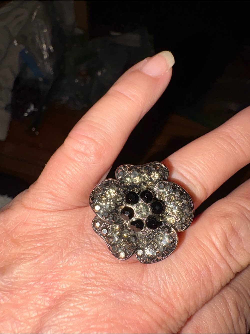Sparkling Black and Clear Crystal Flower Ring - Women's Fashion Jewelry size 6